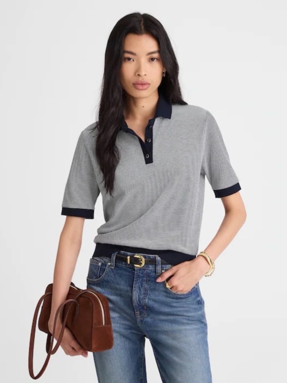 Madewell Grey Microstripe Polo with Navy Trim